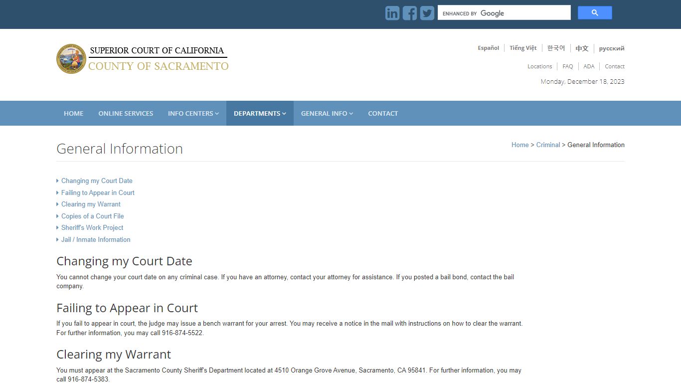 Criminal Court - General Information: Sacramento Superior Court